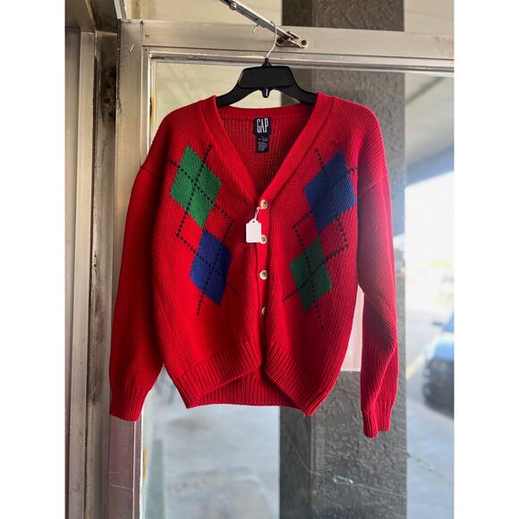 Vintage 1990's Gap Kids Red Argyle Cardigan Size L - Picture 1 of 4